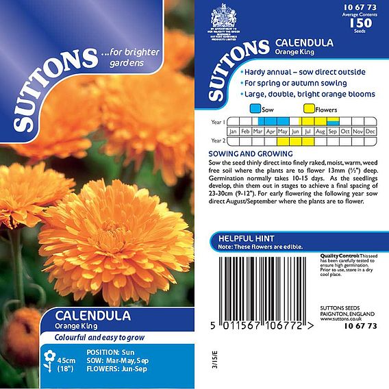 SUTTONS CALENDULA 'ORANGE KING' - SEEDS