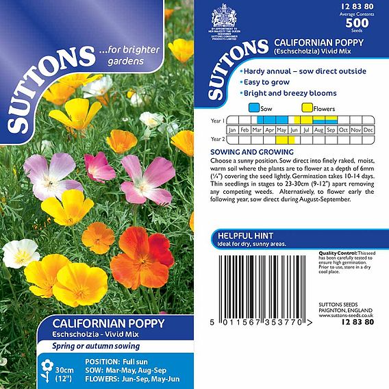 SUTTONS CALIFORNIAN POPPY 'VIVID MIX' - SEEDS