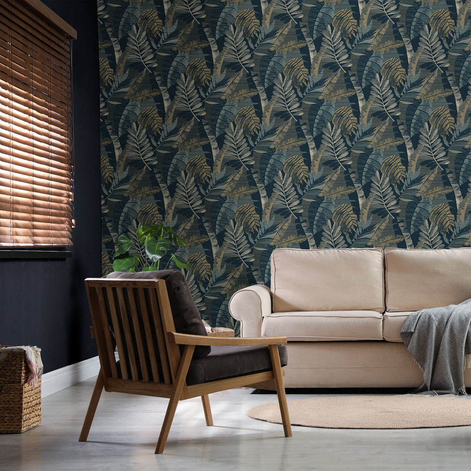 BELGRAVIA SARIKA LEAF BLUE & GOLD WALLPAPER