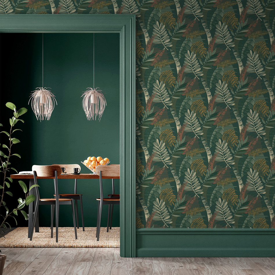 BELGRAVIA SARIKA LEAF GREEN & ORANGE WALLPAPER