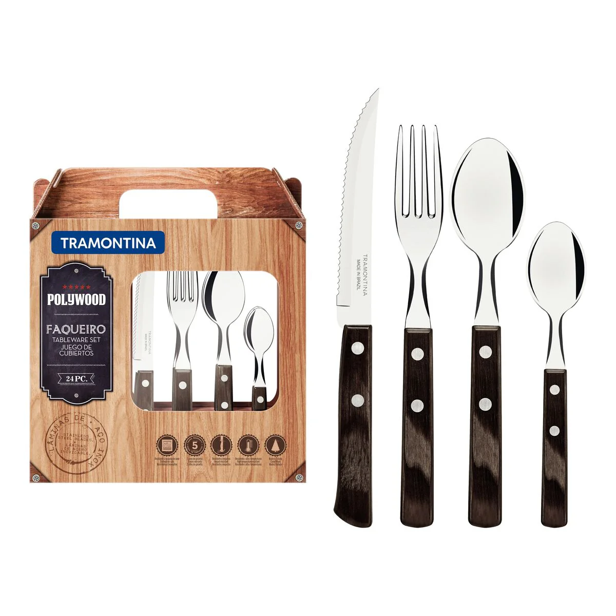 TRAMONTINA DISHWASHER-SAFE WOODEN HANDLE 24 PCS. CUTLERY SET