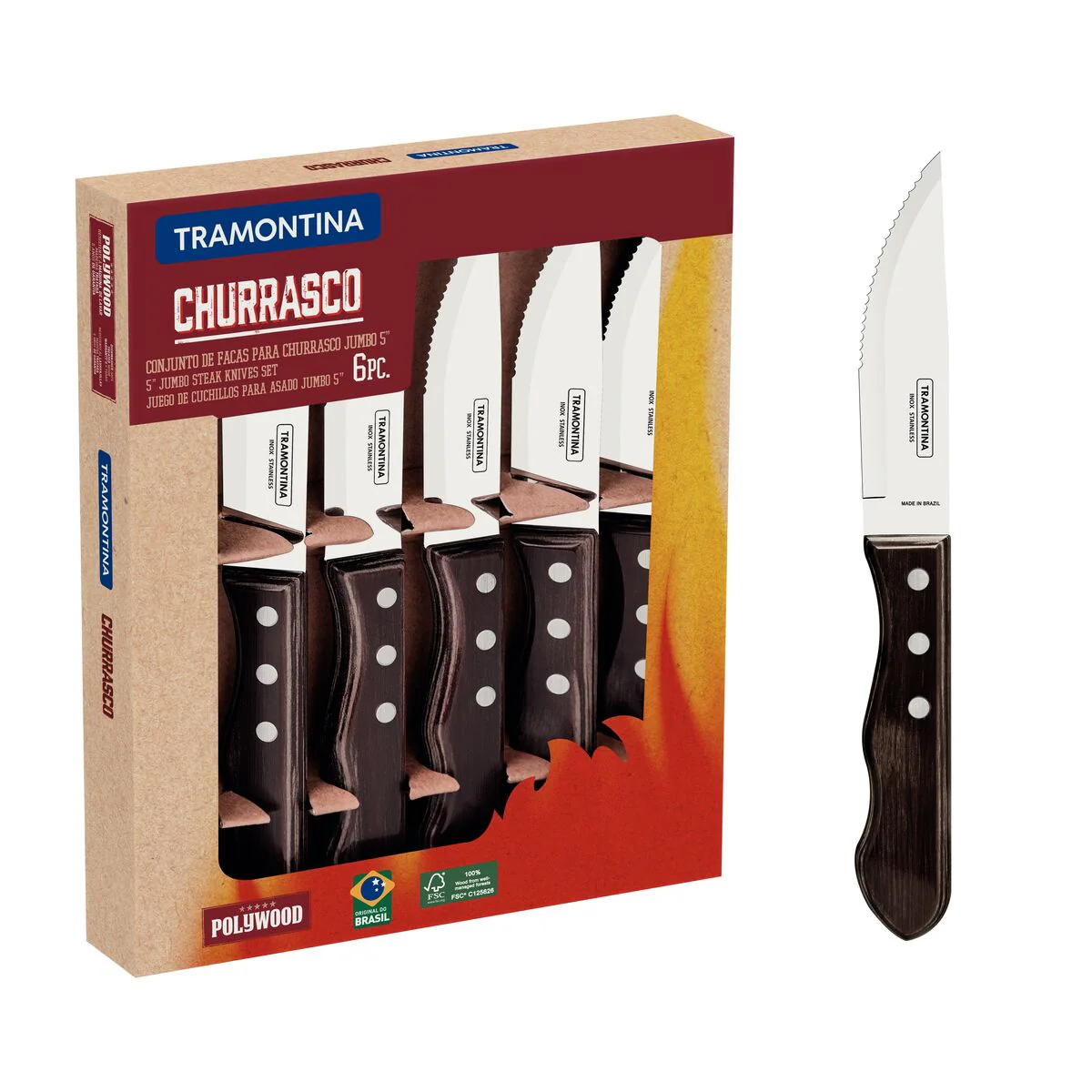 TRAMONTINA DISHWASHER-SAFE WOODEN HANDLE 6 PCS. JUMBO STEAK KNIFE SET