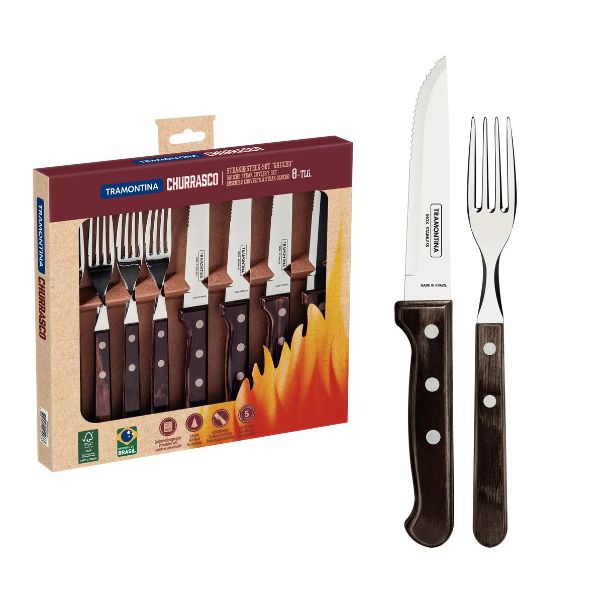 TRAMONTINA DISHWASHER-SAFE WOODEN HANDLE 8 PCS. CUTLERY SET