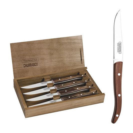 TRAMONTINA DISHWASHER-SAFE WOODEN HANDLE 4 PCS. STEAK KNIFE SET IN WOODEN BOX