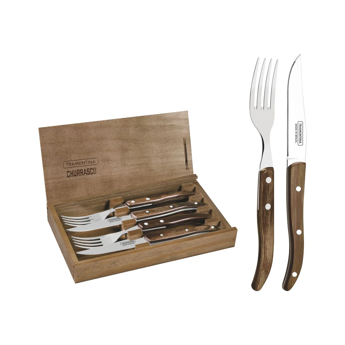 TRAMONTINA DISHWASHER-SAFE WOODEN HANDLE 4 PCS. CUTLERY SET IN WOODEN BOX