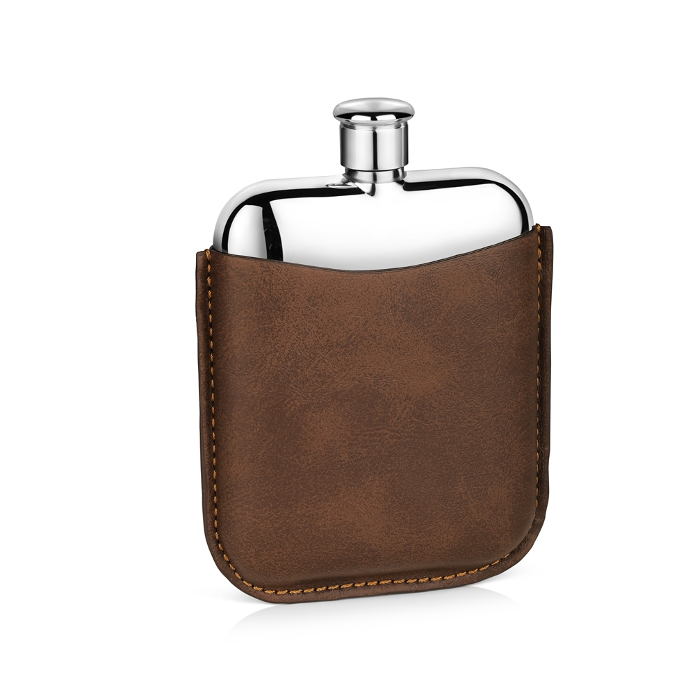 NEWBRIDGE STAINLESS STEEL HIP FLASK WITH LEATHER SLEEVE