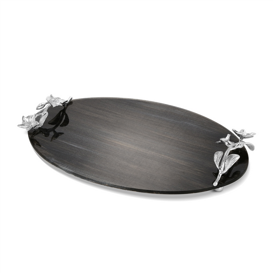 NEWBRIDGE BLACK GLASS SERVING TRAY WITH FLORAL MOTIF