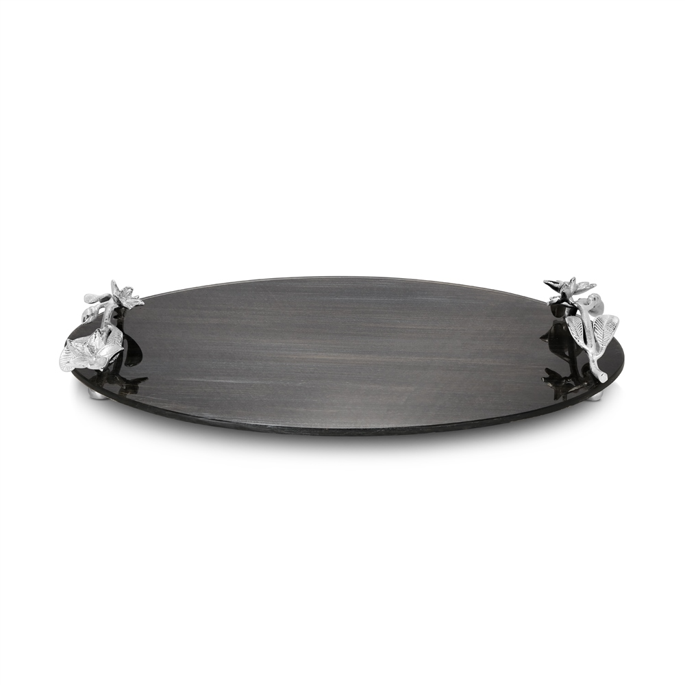 NEWBRIDGE BLACK GLASS SERVING TRAY WITH FLORAL MOTIF