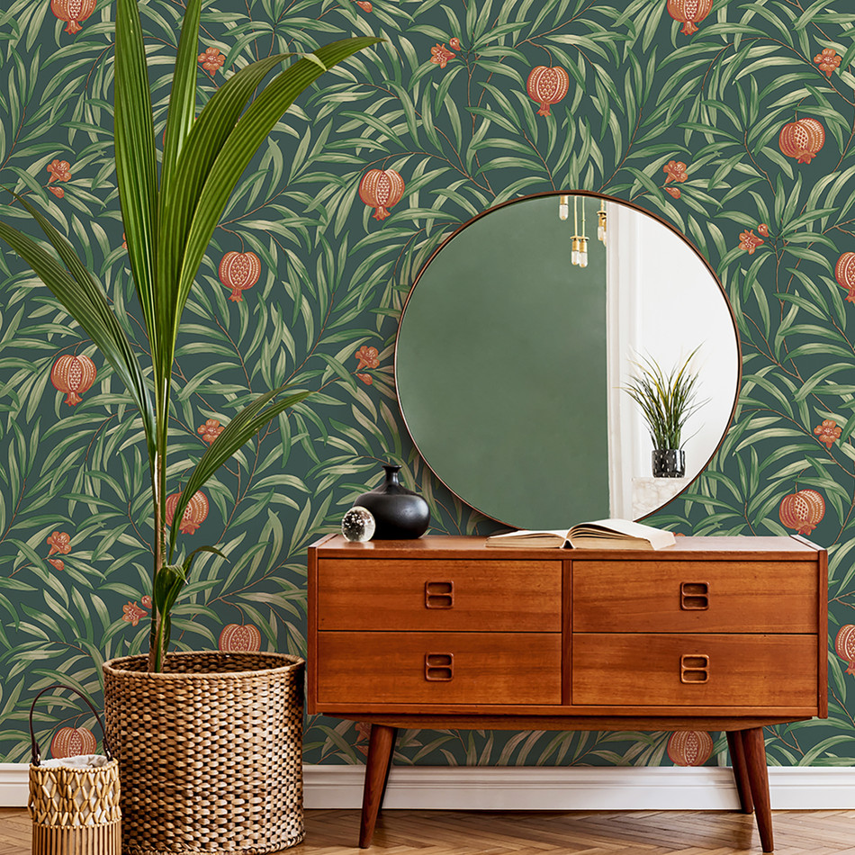 BELGRAVIA POMEGRANATE LEAF GREEN & ORANGE WALLPAPER