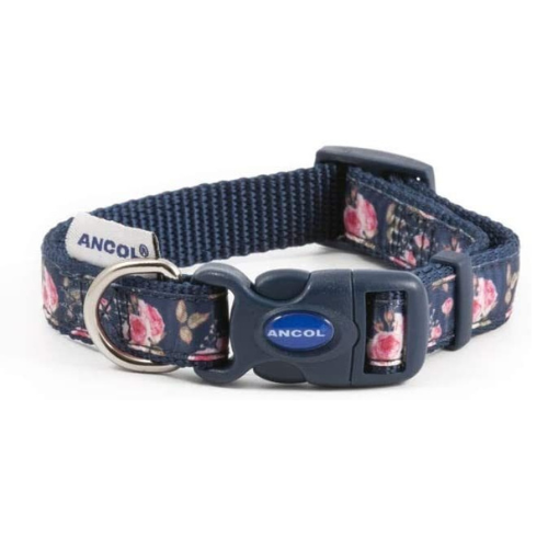 ANCOL FASHION NYLON ADJUSTABLE COLLAR - NAVY ROSE - 20CM-30CM