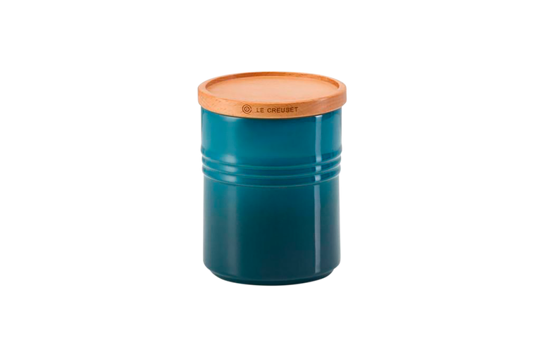 LE CREUSET STONEWARE MEDIUM STORAGE JAR WITH WOODEN LID