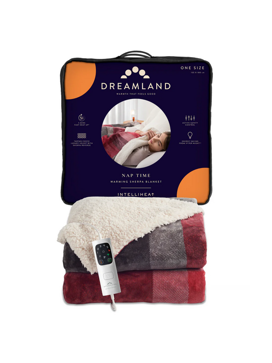 DREAMLAND NAP TIME WARMING SHERPA BLANKET - RED TARTAN