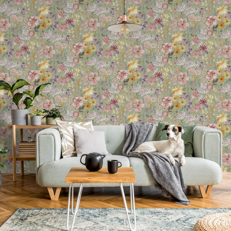 GRANDECO WILDFLOWERS FLORAL SAGE/MULTI WALLPAPER