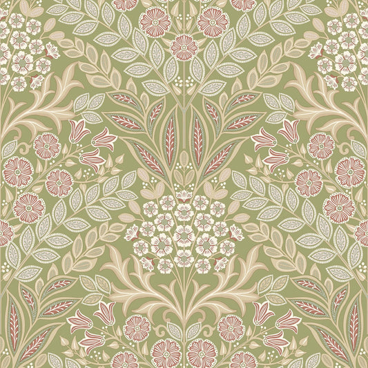 GRANDECO BELEVEDERE ARTS & CRAFTS FLORAL DAMASK GREEN WALLPAPER