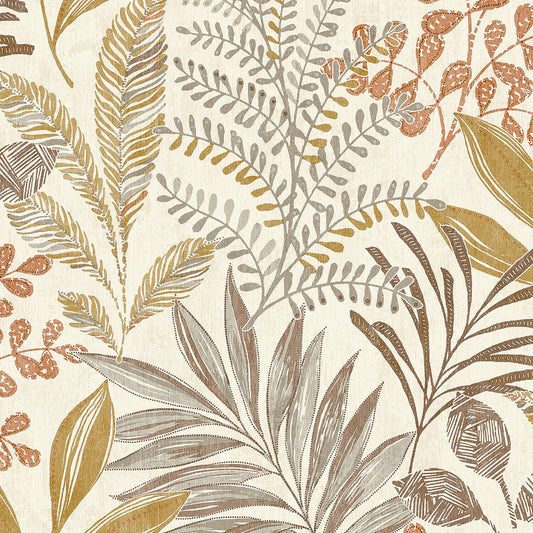 GRANDECO KARA TROPICAL JUNGLE FOLIAGE LEAVES BEIGE WALLPAPER