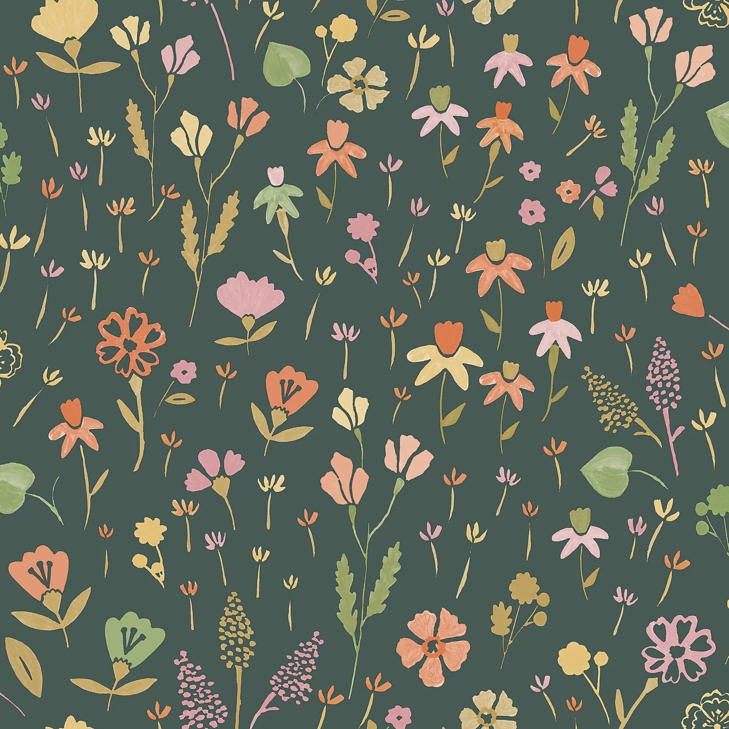 GRANDECO NAIVE GARDEN DITSY FLOWERS GREEN WALLPAPER