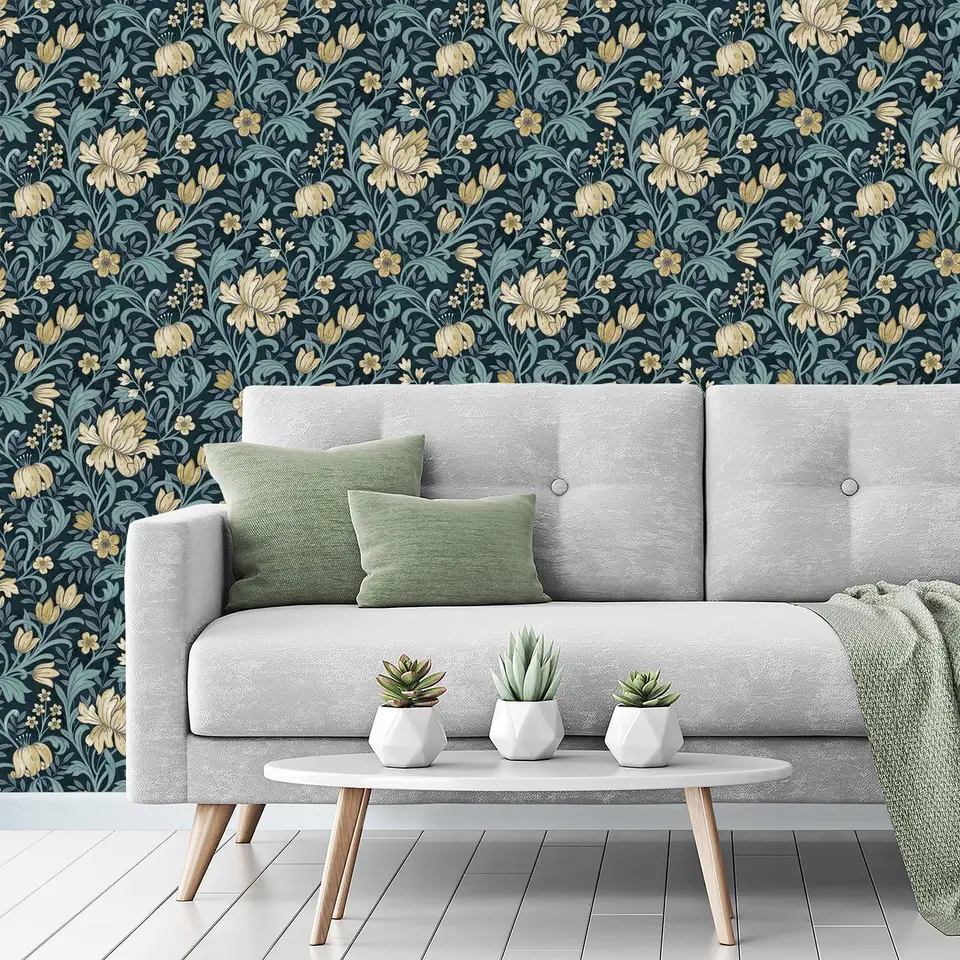 GRANDECO MARIAN NAVY & CREAM FLORAL WALLPAPER