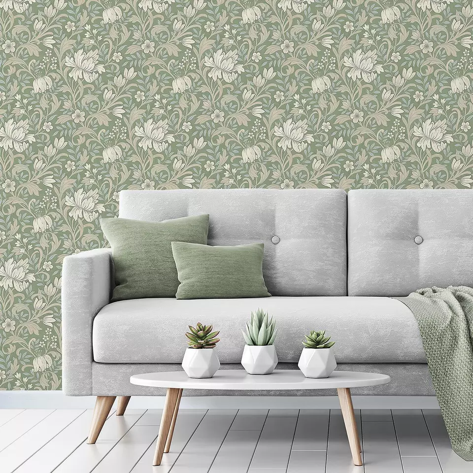 GRANDECO MARIAN GREEN FLORAL WALLPAPER