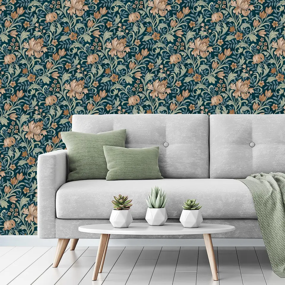 GRANDECO MARIAN TEAL & TERRACOTTA FLORAL WALLPAPER