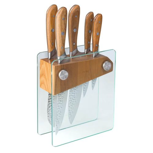 DENBY ASH WOOD GLASS 5PC KNIFE BLOCK