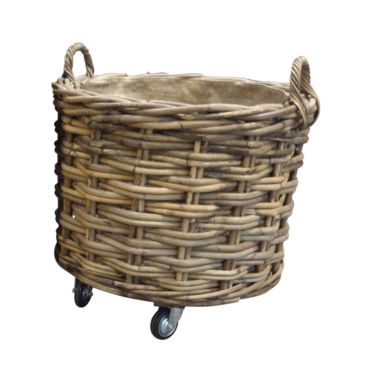 LOWS OF DUNDEE ROUND LOG BASKET WITH WHEELS & JUTE LINER SMALL