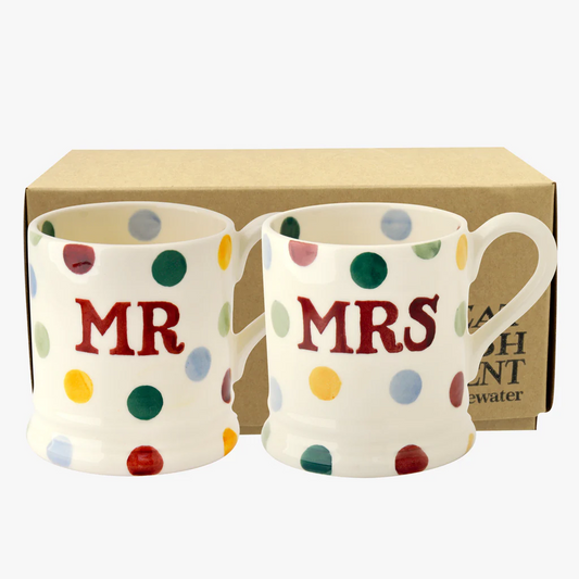 EMMA BRIDGEWATER POLKA DOT MR & MRS SET OF 2 1/2 PINT MUGS BOXED