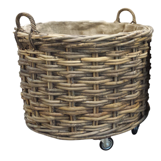 LOWS OF DUNDEE ROUND LOG BASKET WITH WHEELS & JUTE LINER LARGE