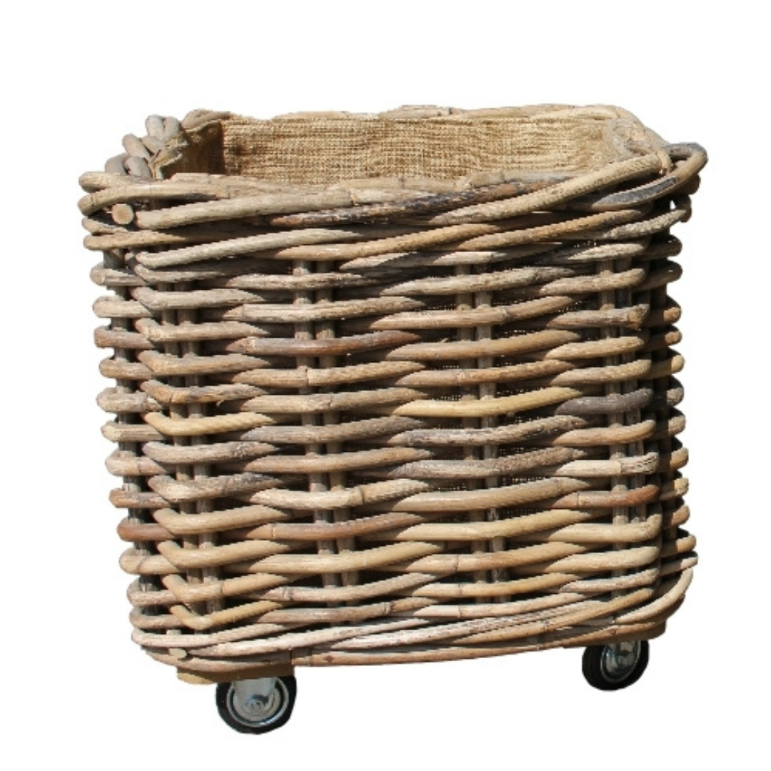 LOWS OF DUNDEE SQUARE LOG BASKET WITH WHEELS & JUTE LINING GREY SMALL