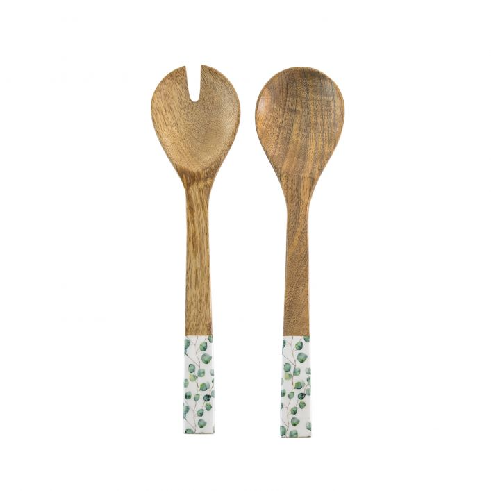 GALLERY EUCALYPTUS SALAD SERVERS SET OF 2 GREEN NATURAL WHITE