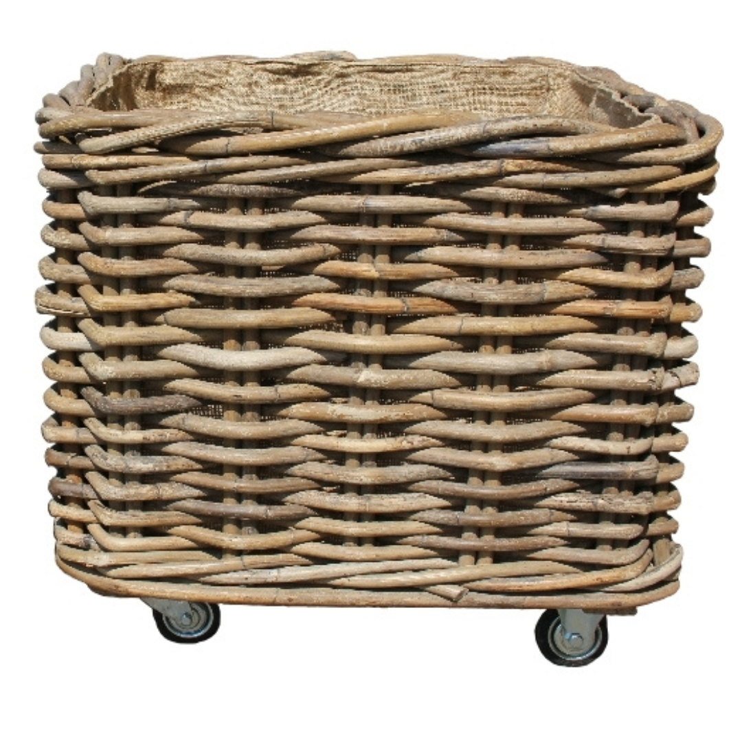 LOWS OF DUNDEE SQUARE LOG BASKET WITH WHEELS & JUTE LINING GREY LARGE