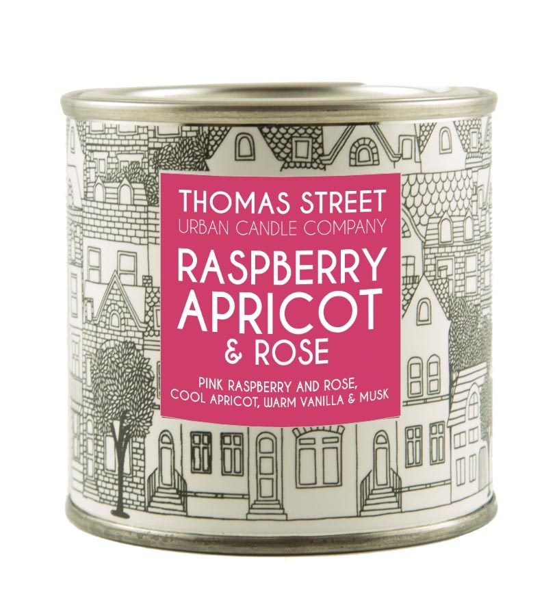 THOMAS STREET SOY CANDLE TIN RASPBERRY APRICOT & ROSE 190G