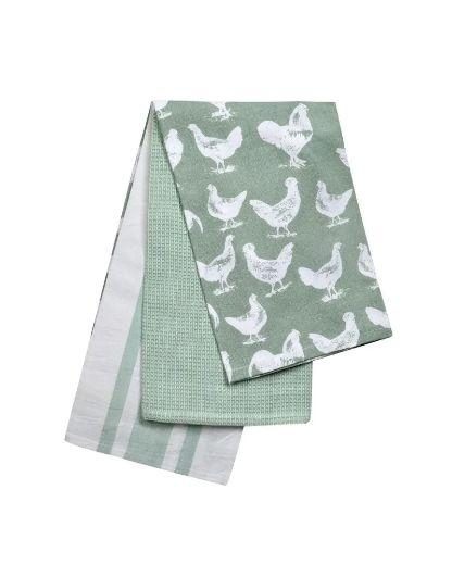 STOW GREEN SAGE PANTRY SET OF 3 HEN & COCKEREL TEA TOWELS